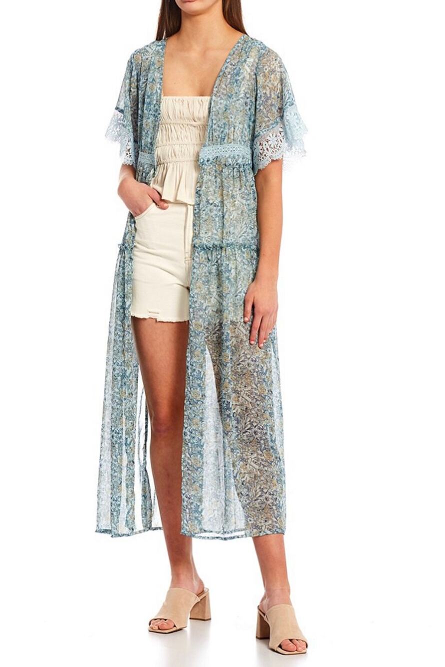 Chelsea & Violet Sheer Floral Crochet Tiered Kimono sz M